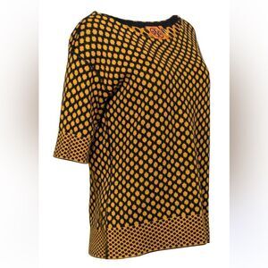 Tory Burch - Yellow & Navy Printed Short Sleeve Knit Sweater S
